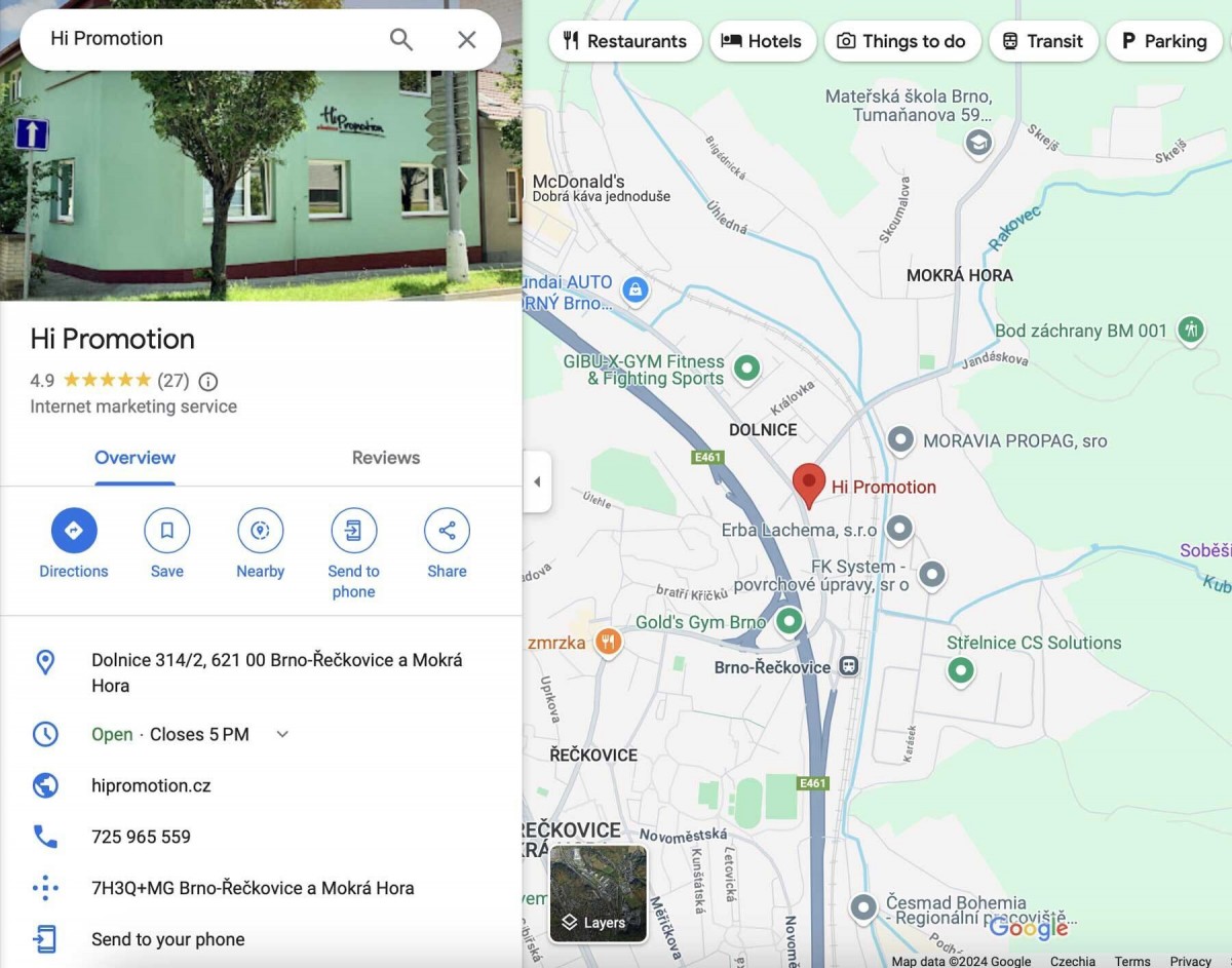 Ukázka zápisu firmy ve vyhledávání map Google