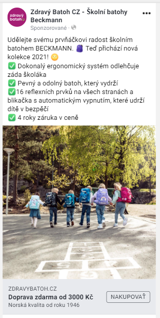 Ukázka konverzní kampaně na Facebooku